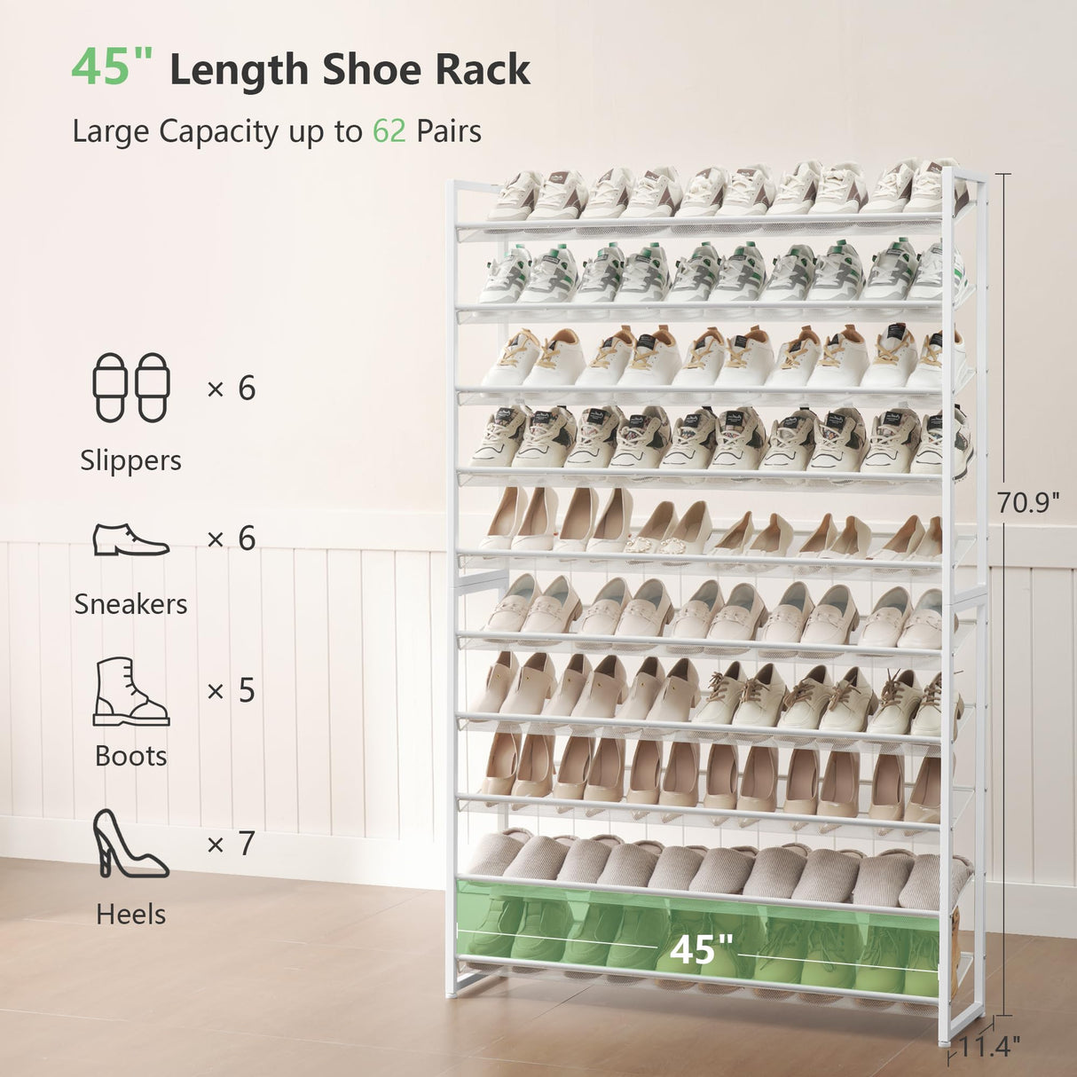 Nunsino Shoe Rack, Long Shoe Organizer,Max Holds 62 Pairs,10 Tier Metal Shoe Storage Shelf,5-Tier Stackable Shoes Organizer for Garage, Entryway,White Nunsino