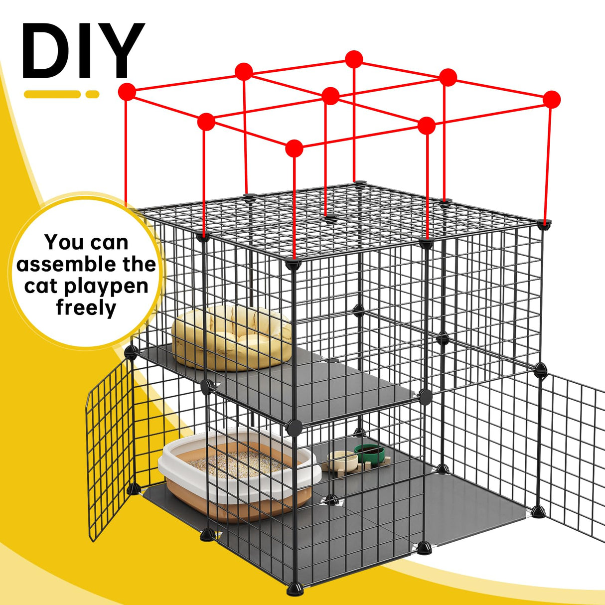 Eiiel 3-Tier Cat Cage Indoor Enclosure DIY Cat Playpen Catio Detachable Metal Wire Kennels 2Lx2Wx3H Crate Large Exercise Place Ideal for 1-2 Cats, Black Eiiel