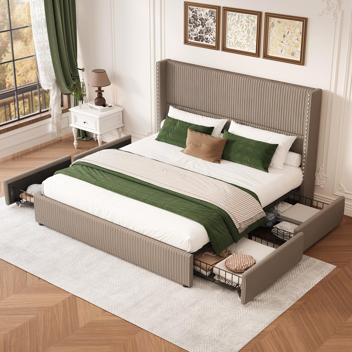 LARMACE King Size Bed Frame with 4 Storage Drawers,Corduroy Upholstered King Size Platform Bed Frame with Tufted Vertical Stripe,Solid Wood Leg/No Box Spring Needed/Noise Free,Brown LARMACE