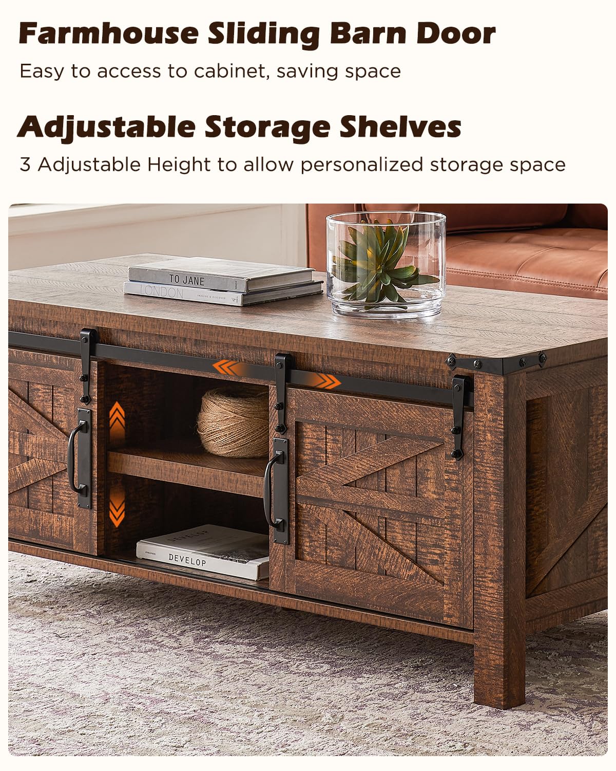 OKD 48" Farmhouse Lift Top Coffee Table with Sliding Barn Door,Rustic Center Table with Hidden Storage Compartment,Lifting Tabletop and Adjustable Shelf for Living Room,Office,Reclaimed Barnwood OKD