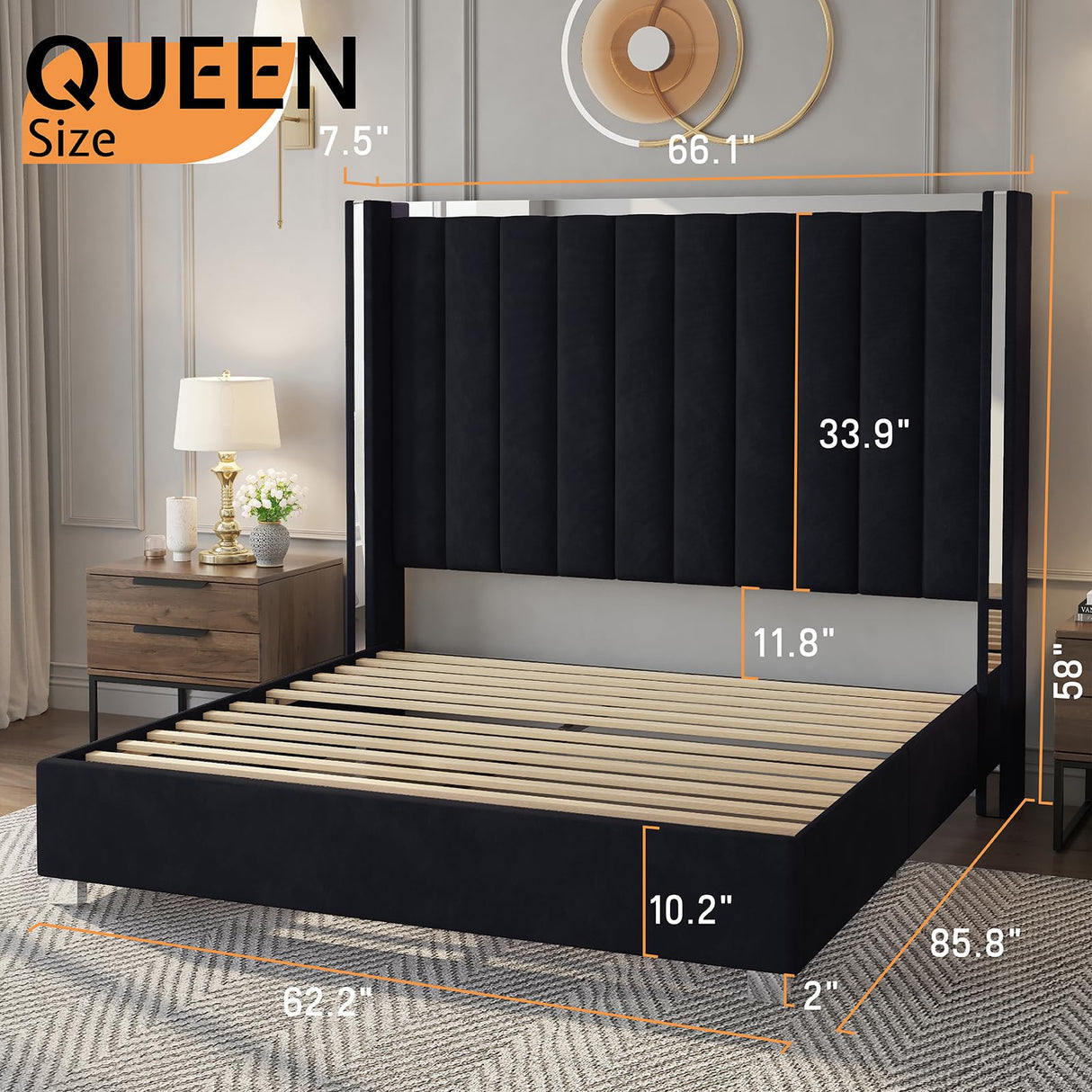 Jocisland Queen Size Bed Frame with 58" Tall Headboard, Velvet Upholstered Platform Bed with Channel Tufted Wingback Headboard and Plating Trim, No Box Spring Needed, Black Jocisland