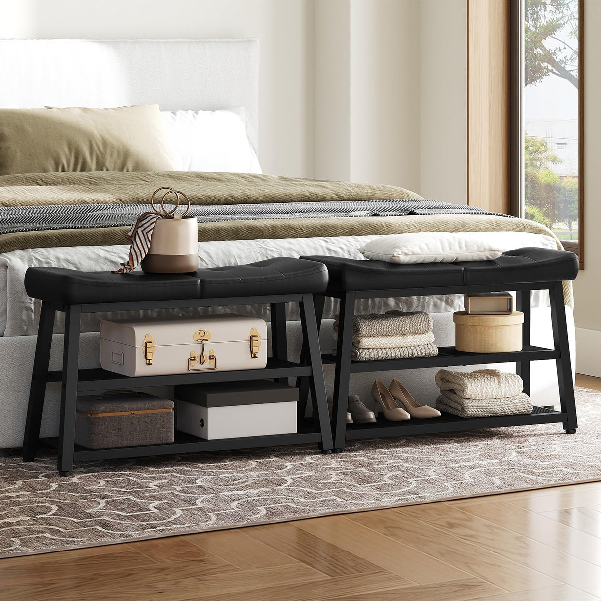 YATINEY Shoe Bench, 3-Tier Shoe Rack, Entryway Bench with Storage and Cushion, for Hallway, Foyer, Bedroom, Black HX02BB YATINEY