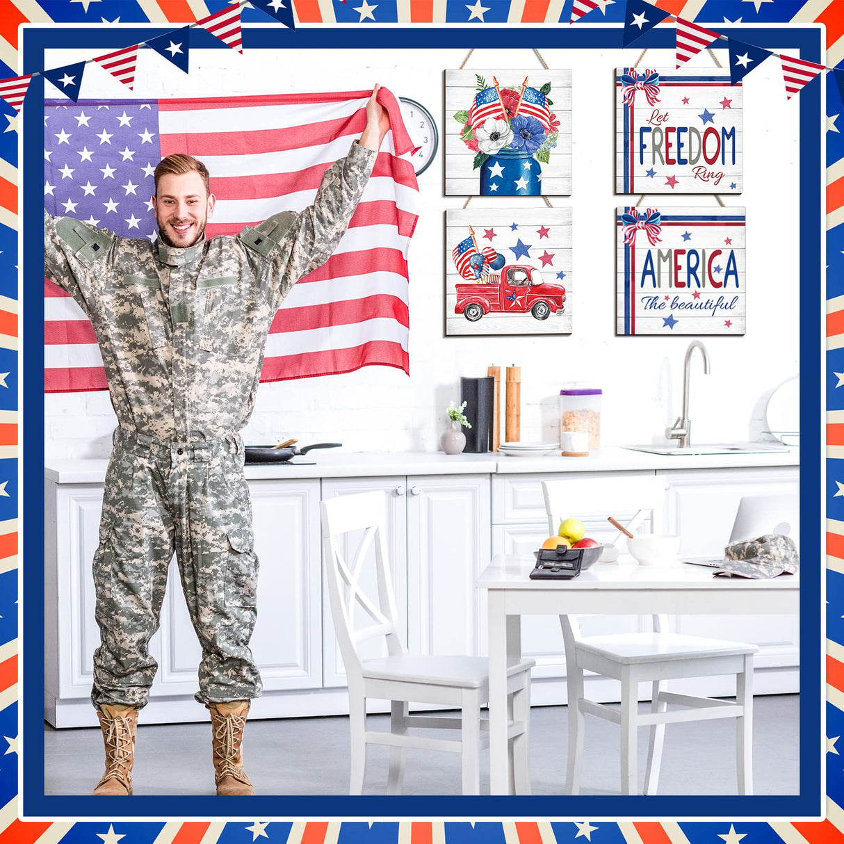 4 Pcs 4th of July Sign Rustic Wood Decor Farmhouse Patriotic Decor America Wall Hanging Plaque Red Blue White Wooden Wall Decor for Home Front Door Kitchen Office School, 7.87 x 7.87 Inch Purpeak