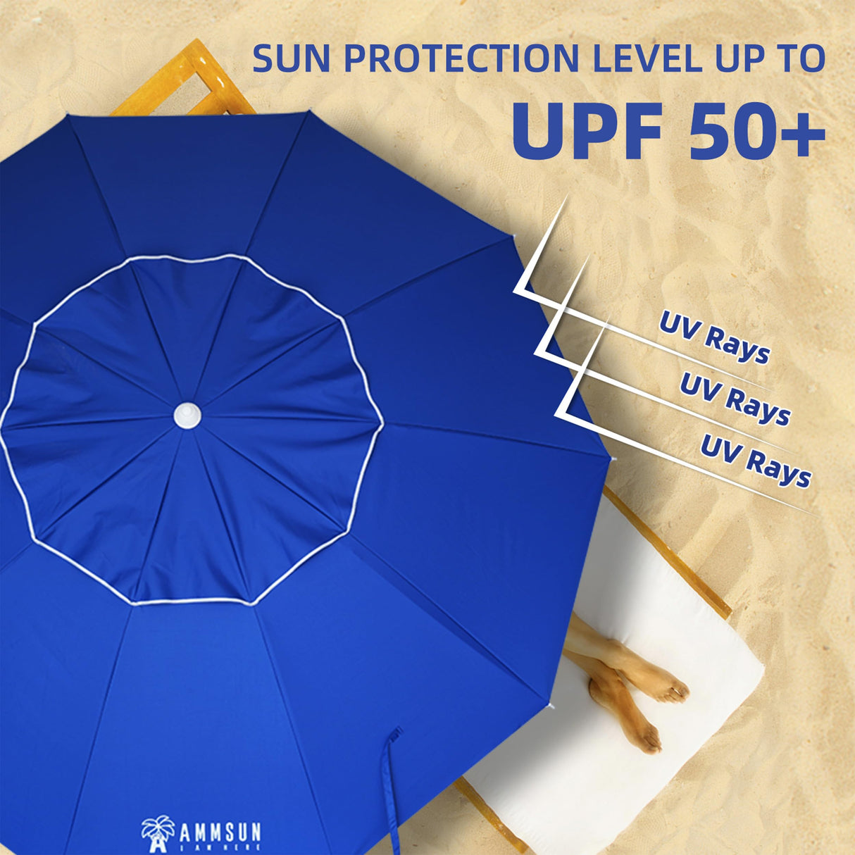 AMMSUN 8 Feet Large Beach Umbrella with Sand Anchor Heavy Duty High Wind Portable Outdoor Umbrellas UPF 50+ Protection Air Vent Tilt Patio Garden Pool Blue AMMSUN