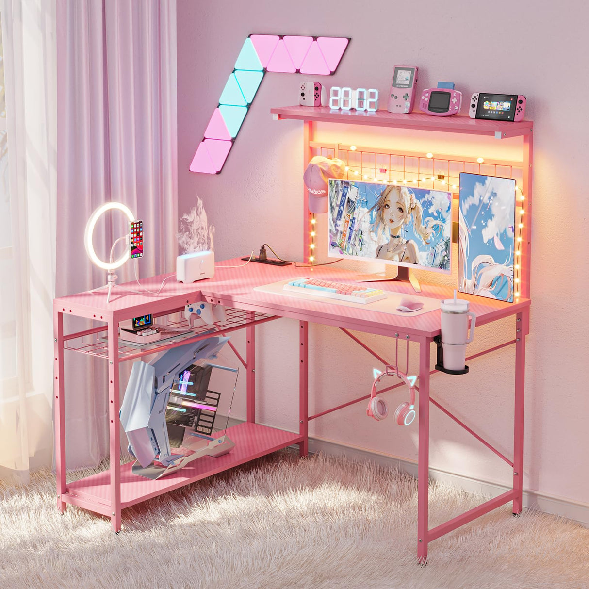Bestier 42 L Gaming Desk,Computer Desk with Power Outlets, LED Lights, Reversible Corner Desk with 4-Tier Shelves,Cup Holder & Hook Carbon Fiber Pink Bestier