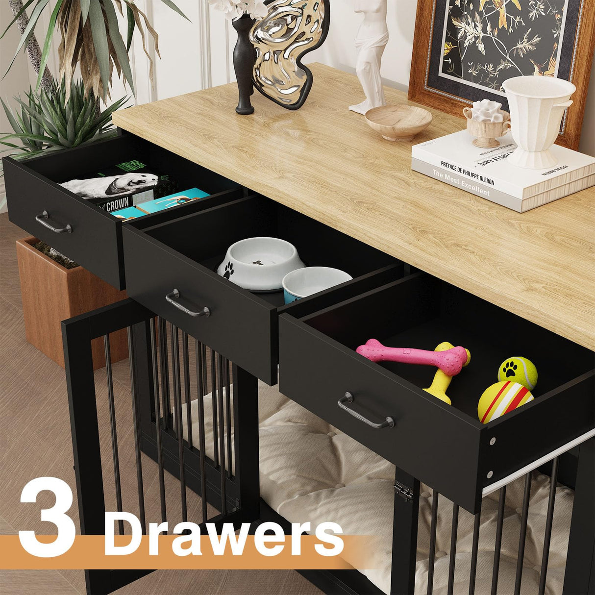 PIAOMTIEE 55.3" Extra Large Dog Crate Furniture, Indoor Heavy Duty Dog Kennel House with 3 Drawers, Modern Furniture Dog Crate Side End Table TV Stand for XL Large Medium Breed Dogs, Black PIAOMTIEE