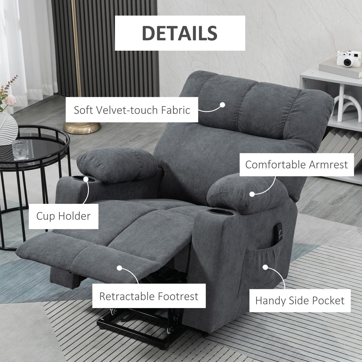 HOMCOM Electric Power Lift Chair Recliners for Elderly, Oversized Living Room Recliner Chair with Remote Control, Cup Holders, and Side Pockets, Dark Gray HOMCOM