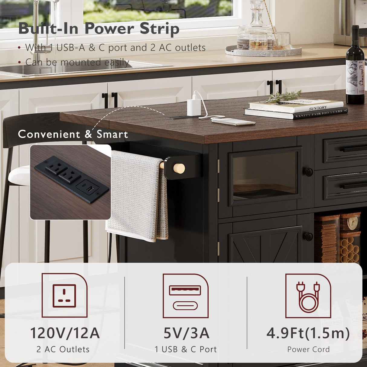 Merax 54.9" Kitchen Island with Drop Leaf, Power Outlet, Rolling Kitchen Storage Cart on 4 Wheels with 4 Door Shelves, Cross Barn Doors & Visual Glass Door for Dining Room,Brown Merax