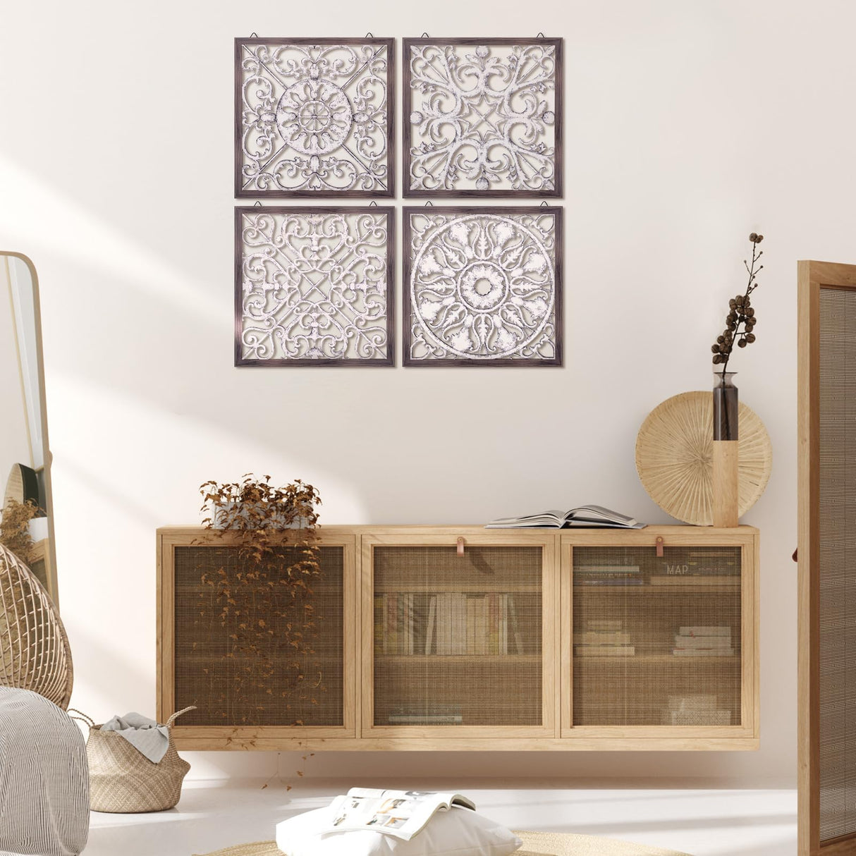 Tatuo 4 Pcs Wood Wall Art Wall Decor Farmhouse Wall Decor for Living Room Wooden Decorative Wood Panels Modern Wall Plaque for Home Kitchen Dining Room(Brown, White,Square) Tatuo