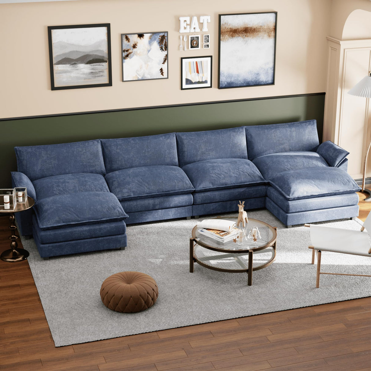 Shahoo Sectional Modular Sofa U Shaped Chenille Fabric Couch with High Supportive & Soft Sponges and Removable Ottoman, Sleeper Comfy Upholstered Furniture for Living Room, Blue Shahoo