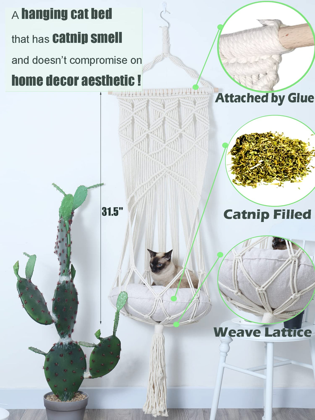 KARCEEY Macrame Cat Hammock,Macrame Hanging Cat Bed with Catnip Cushion and Hanging Kit (1.Macrame Hammock with Cat Bed) KARCEEY