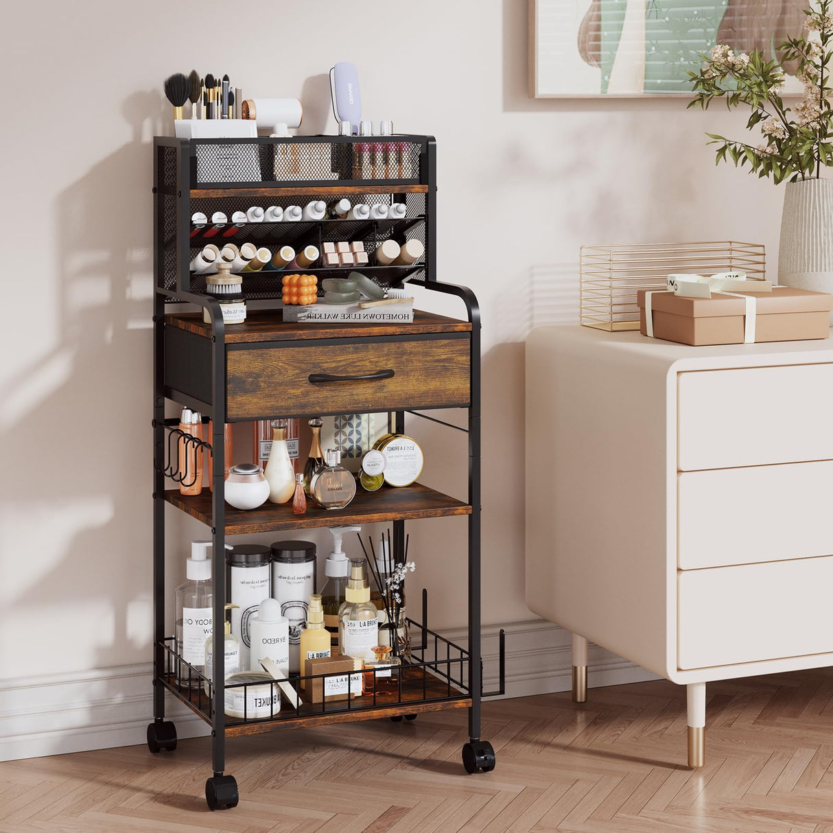 Homsorout Art cart, 3 Tier Rolling Cart - Utility Cart with Storage Drawer and Wheels, Versatile Art & Craft Organizer for Home, Office, or Studio Ideal for Storing Brushes, Paints (Brown) Homsorout