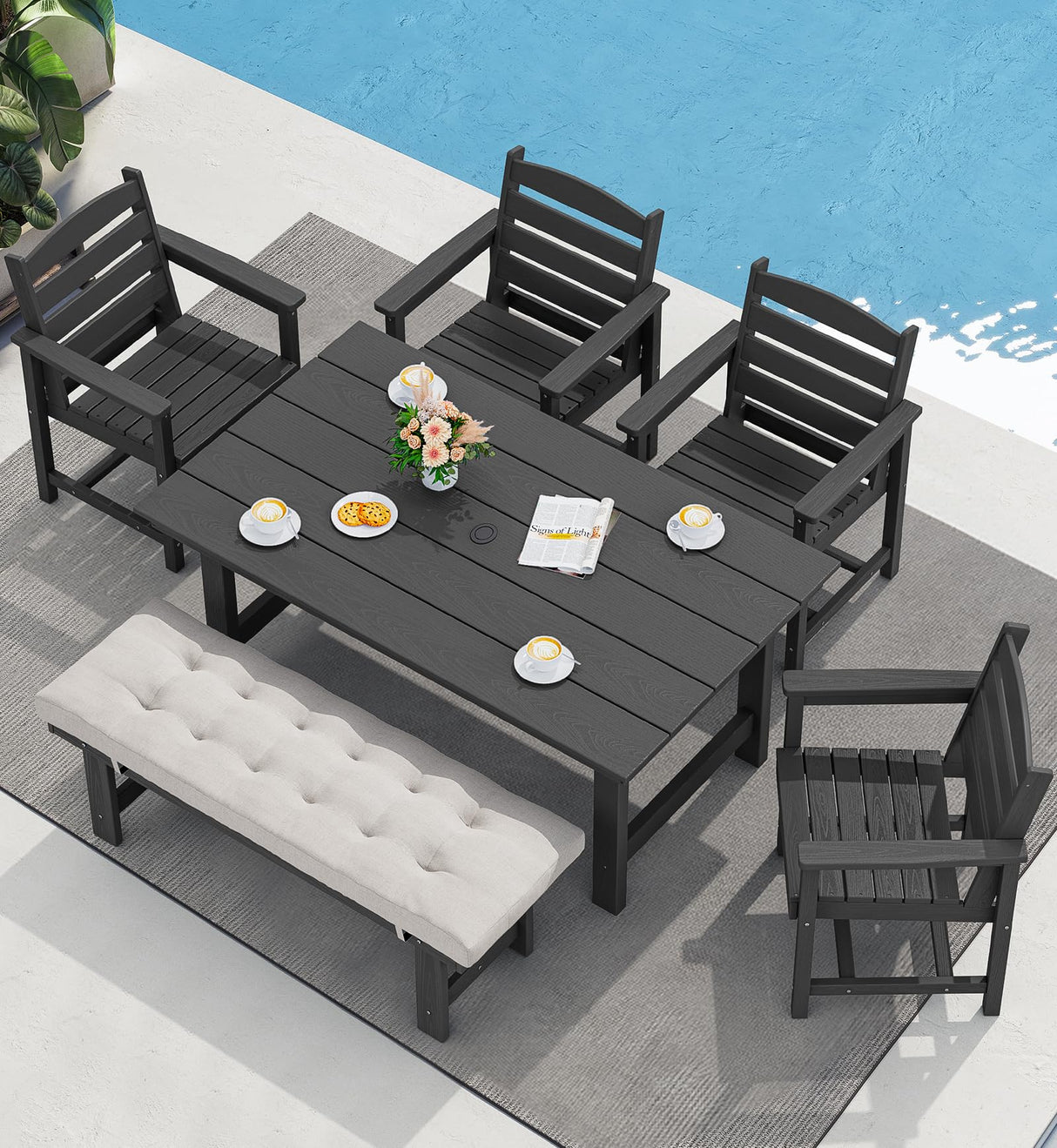 SERWALL Outdoor Dining Set for 6, HDPE Outdoor Furniture with Umbrella Hole & 1 Cushioned Bench & 4 Outdoor Dining Chairs, Black SERWALL