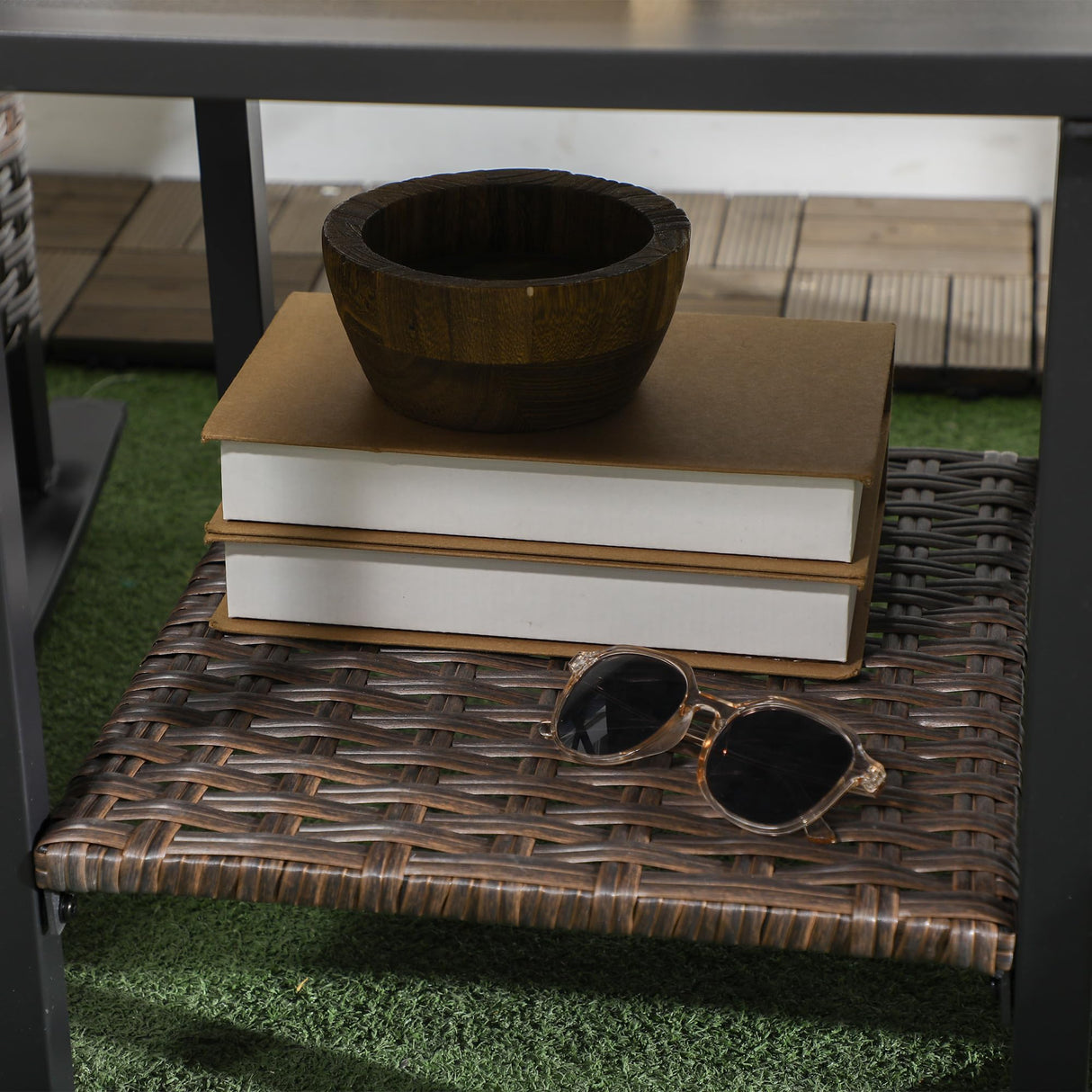 Outsunny 3 Piece Patio Rocking Chair Set, Outdoor Wicker Bistro Set with 2 Cushioned Porch Rockers and 2 Tier Coffee Table for Garden, Porch, Backyard, Dark Blue Outsunny