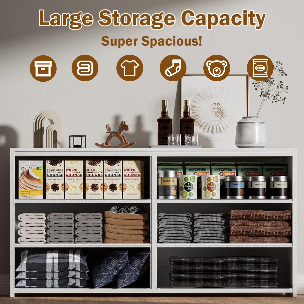 OURPIC Dresser for Bedroom with 6 Drawers, 51 Inch White Dressers TV Stand for 50, 55, 60 Inch TV, Wood Top and Side, Fabric Drawers, Storage, Dresser for Closet, Living Room, Hallway, Entryway OURPIC