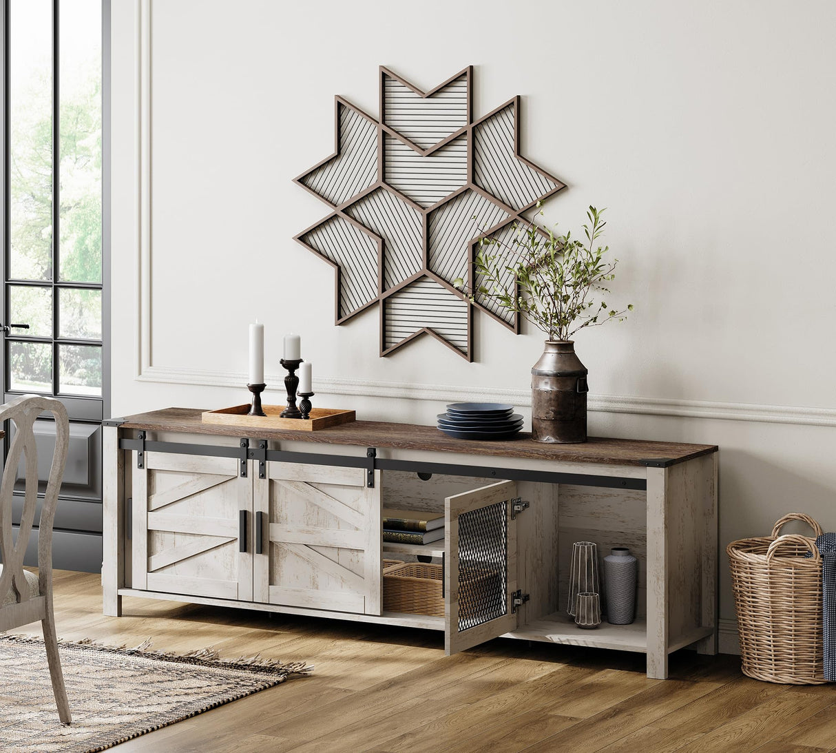 WAMPAT Farmhouse TV Stand for ups to 75 inch TV, Wooden Entertainment Center with Mesh Barn Doors, Media Console with Storage Shelf for Living Room Bedroom, Rustic Oak and White WAMPAT
