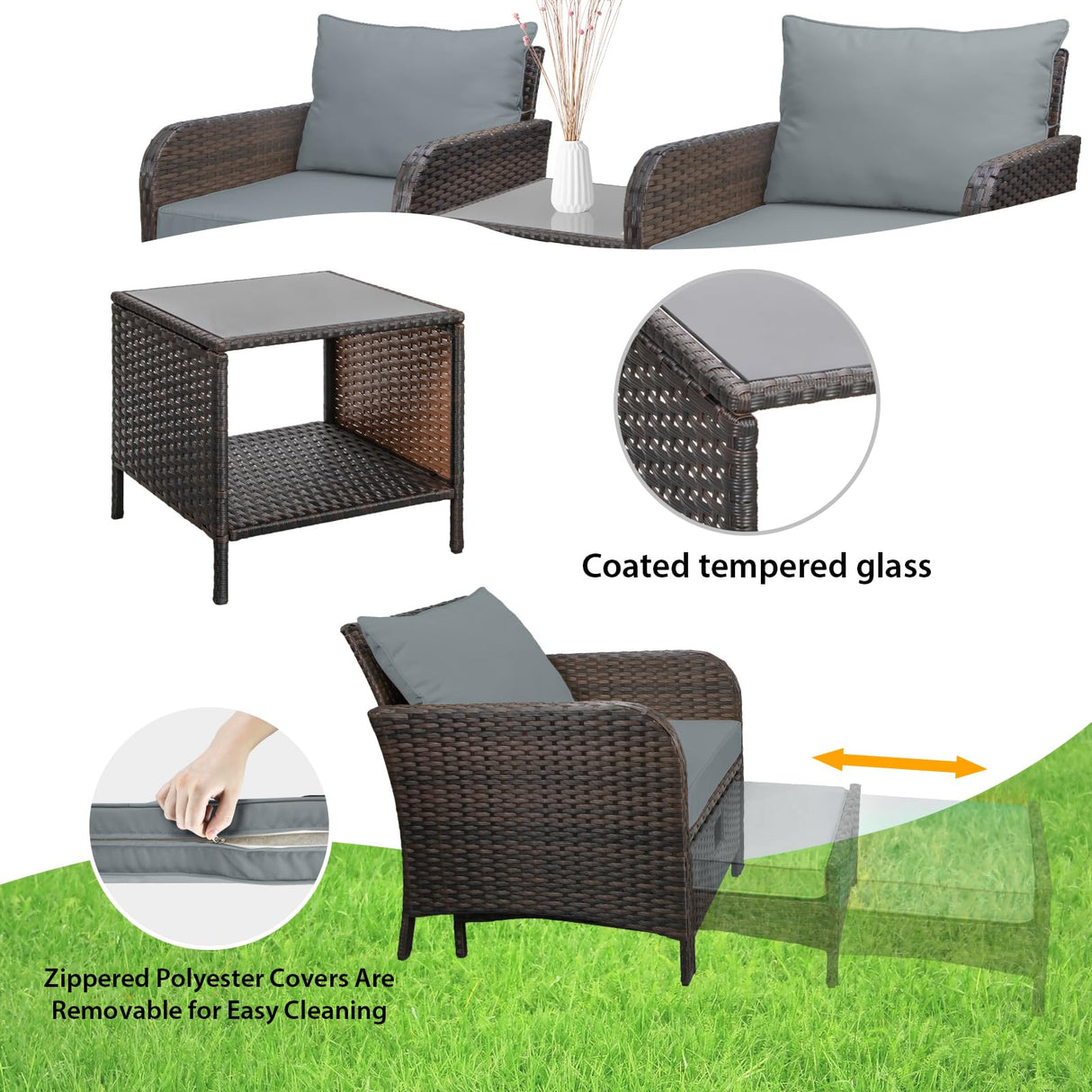 LEVELEVE Balcony Furniture 5 Piece Patio Conversation Set, PE Wicker Rattan Outdoor Lounge Chairs with Soft Cushions 2 Ottoman&Glass Table for Porch, Lawn-Brown Wicker LEVELEVE
