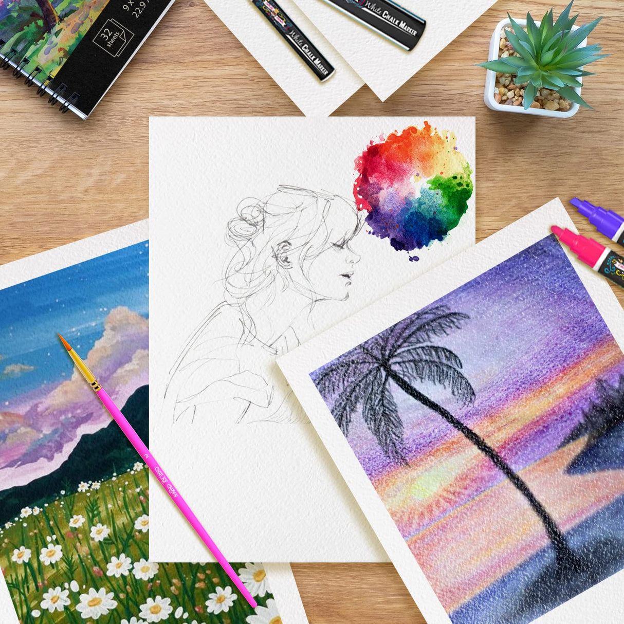 CHALKY CROWN - Watercolor Paper Pad - Water Color Paper Sketch Book - Large Paper for Artists, White - Pack of 2 (64 Sheets) CHALKY CROWN