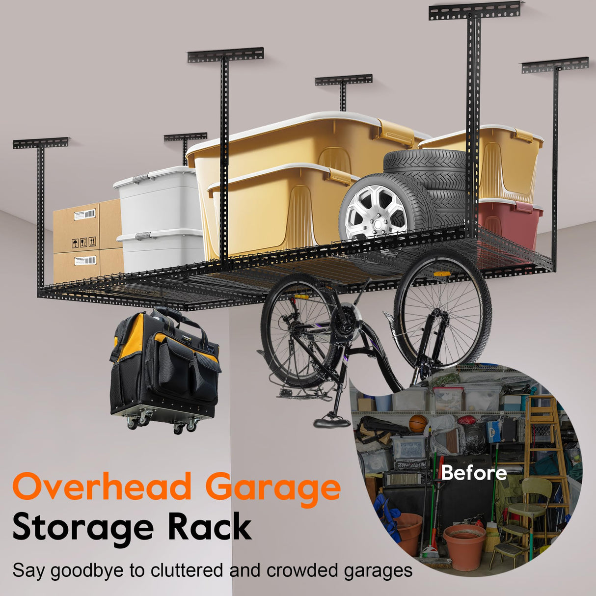 Rengue Overhead Garage Storage Rack, 4 x 8FT Height Adjustable Garage Ceiling Storage Racks, Heavy Duty Cold Rolled Steel Storage Rack for Garage, Warehouse with 4 Hooks Rengue