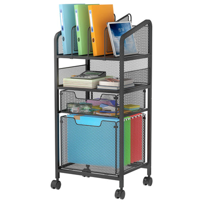 Huxitocan 4-Tier Rolling File Cart with Hanging File Organizer, Mobile File Cabinet with Storage Drawer, Rolling Utility Cart Storage and Organizer Office Cabinet for Home Office