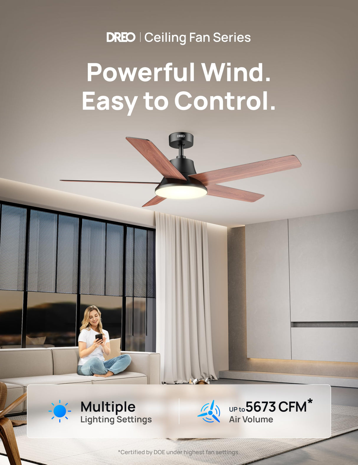 Dreo Ceiling Fans with Lights and Remote, 52 Inch, 6 Speeds, 5 Color Tones Dimmable LED, Quiet Reversible DC Motor, 8H Timer, Black Ceiling Fan for Bedroom, Living Room, Easy to Install Dreo
