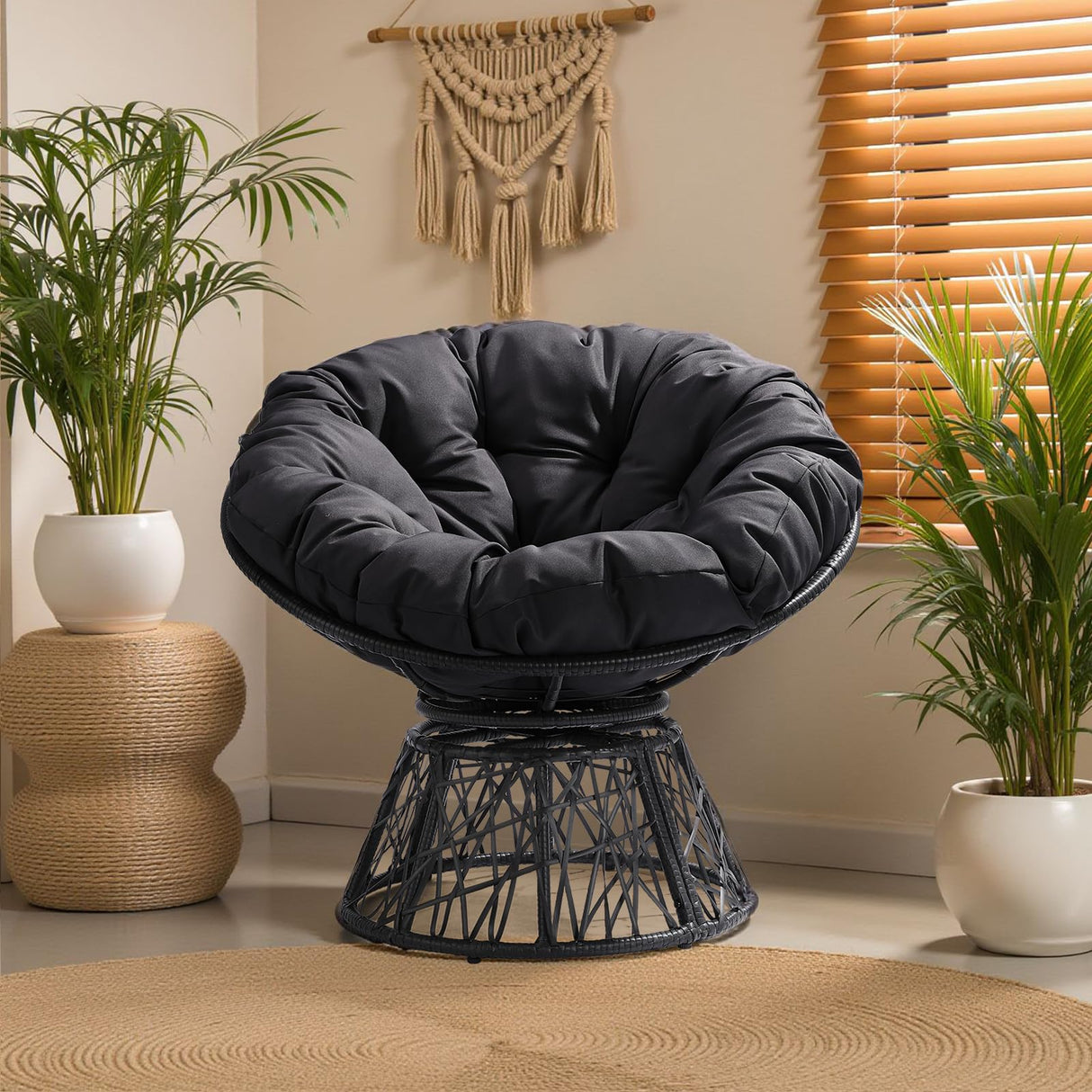 Outvita 40" Swivel Wicker Papasan Chair with Thick Tufted Cushions, High Capacity Frame, 360 Degree Rotatable Chairs for Indoor Outdoor Use, Black Outvita