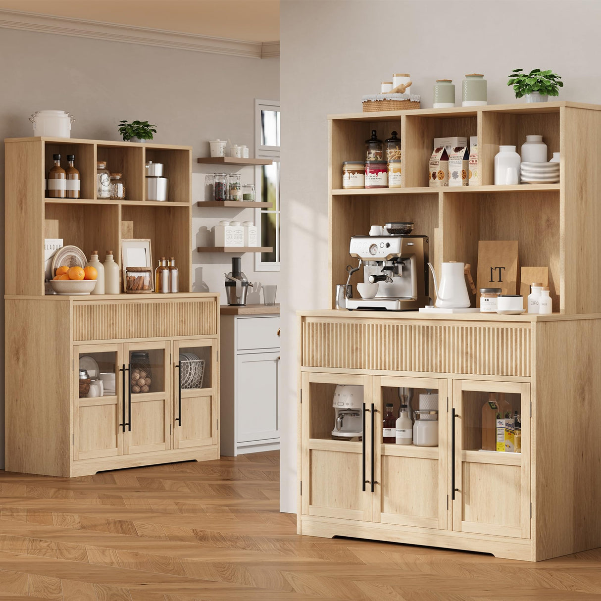 IDEALHOUSE 60'' Kitchen Pantry Cabinet, Tall Pantry Storage Cabinet with Microwave Stand, Farmhouse Kitchen Hutch with Storage Drawers for Living Room, Dining Room (Pear Wood) IDEALHOUSE