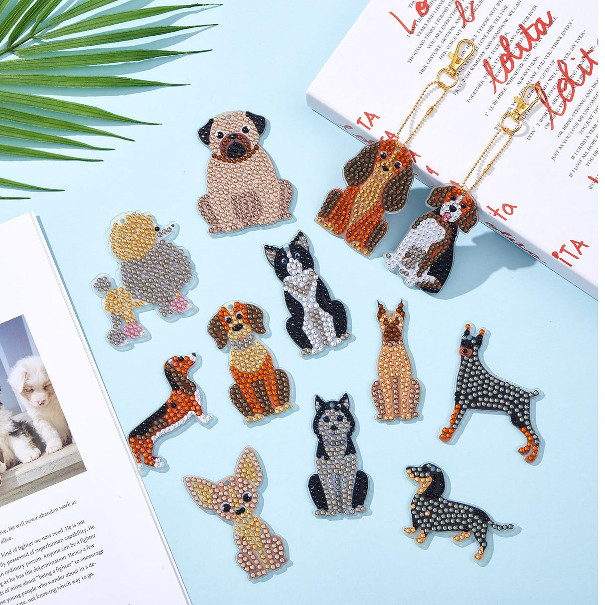 Junkin 12 Pcs Cross Diamond Painting Keychains 5d Double-Sided Painting Keychains Christmas Religious Thanksgiving Diamond Kits DIY Key Ring Pendant for Beginners Adults Crafts Ornament(Puppy) Junkin