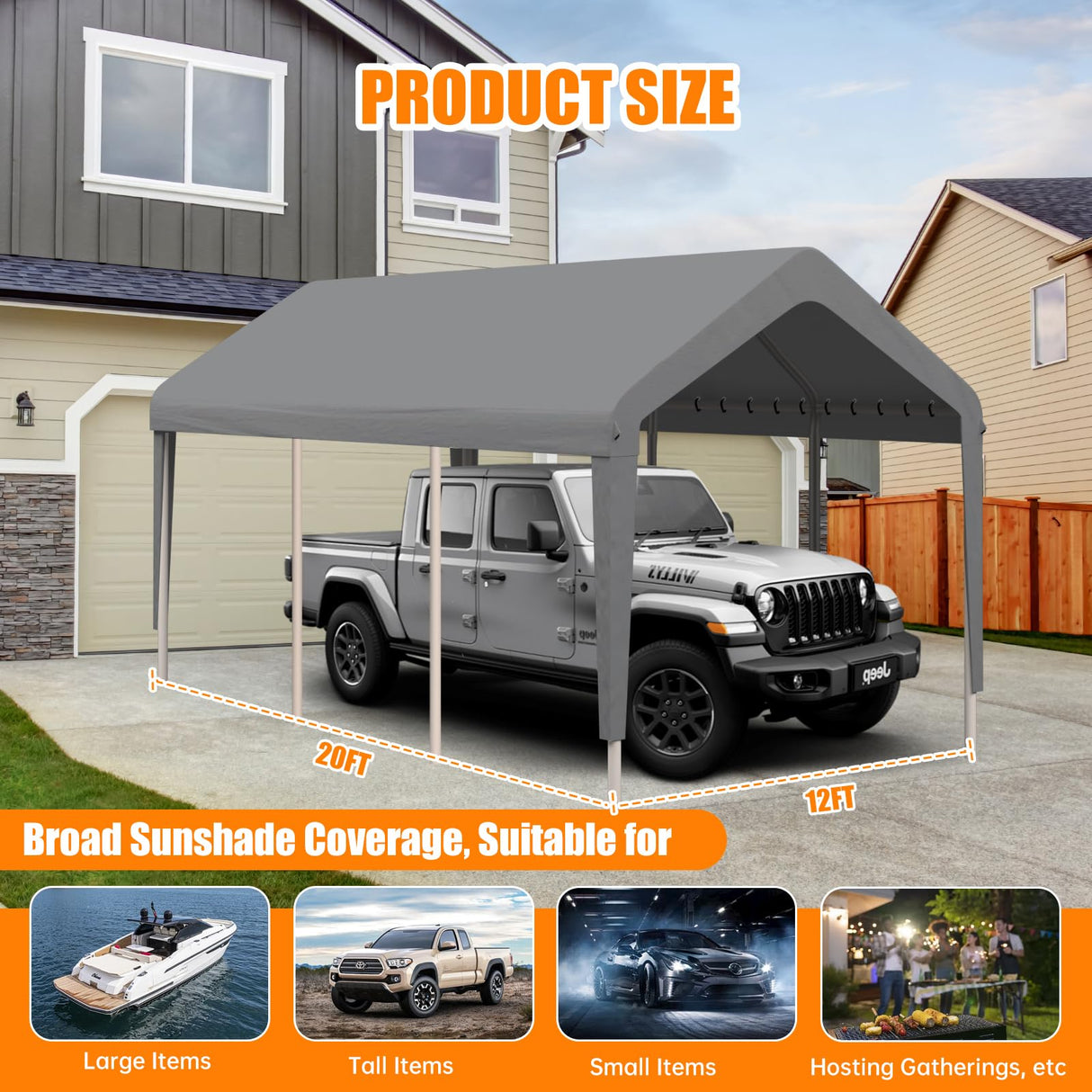 Carport Canopy 12'x20' Replacement Cover, Heavy Duty Garage Shelter Cover 800D Oxford Waterproof & UV Protected Tarp with Ball Bungees, Not Include Frame, Gray KAHLHAK