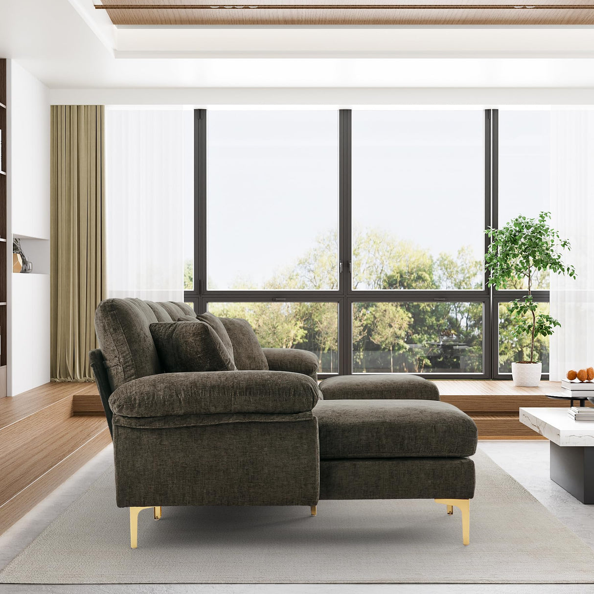 OUYESSIR U-Shaped Sectional Sofa Couch, 4 Seat Sofa Set for Living Room, Convertible L-Shaped Chenille Couch Set with Chaise Lounge, Ottoman and Pillows,114 inches (Brown) OUYESSIR