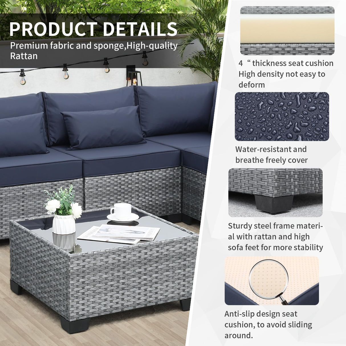 Valita 7 Piece Outdoor PE Wicker Furniture Set, Patio Gray Rattan Sectional Sofa Couch with Washable Dark Blue Cushions Valita