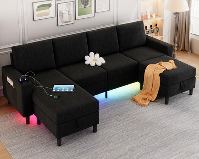 HYZQ Sectional Couches for Living Room, 4 Seat Linen Sectional Sofa with Reversible Chaise Lounge/Storage Ottoman, U Shaped Couch with Smart Module-Wireless Charging/USB/Type-C/RGB Light (Black)