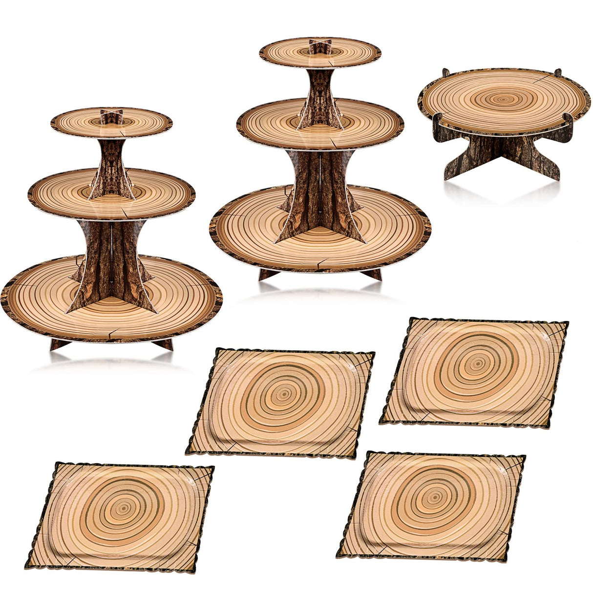 7 Pieces Woodland Cupcake Stand Set Includes 2 Wooden Cupcake Stand 1 Rustic Cake 4 Rectangle Serving Tray for Woodland Western Forest Camping Hunting Baby Shower Birthday Decorations(Woodland) Sawysine