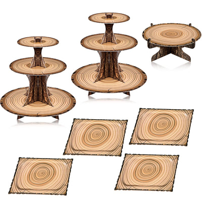 7 Pieces Woodland Cupcake Stand Set Includes 2 Wooden Cupcake Stand 1 Rustic Cake 4 Rectangle Serving Tray for Woodland Western Forest Camping Hunting Baby Shower Birthday Decorations(Woodland)