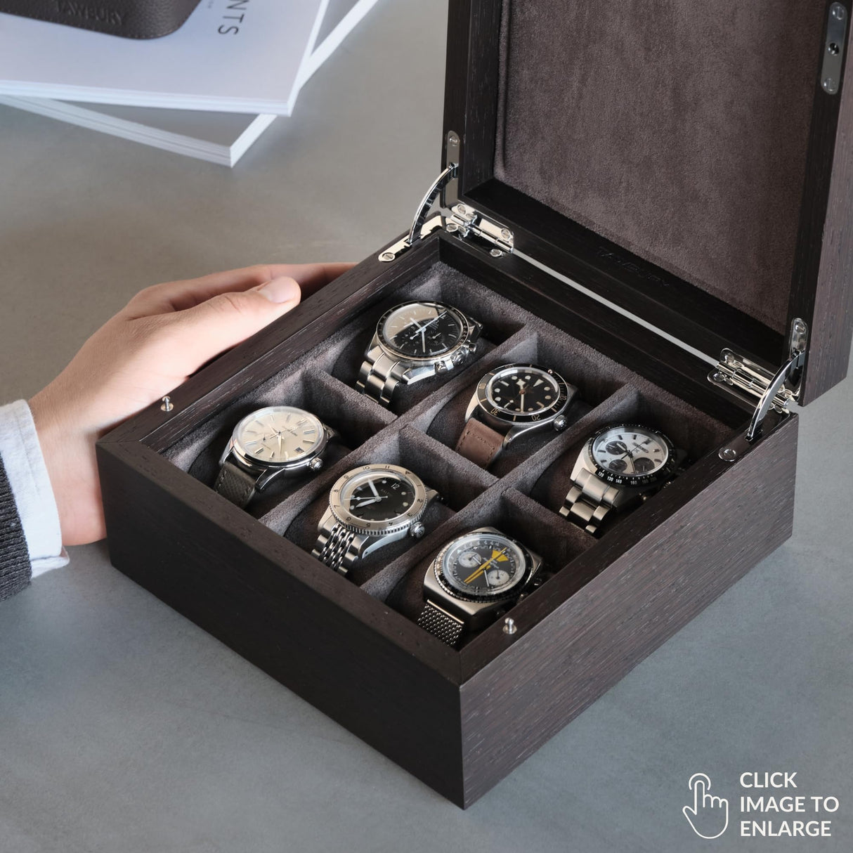TAWBURY 6 Slot Wood Watch Box - Unisex Wooden Watch Box Crafted from Exquisite Kassod Wood | Compact Design, Fully Lined Interior, Soft-Close Metal Hinges, Push-Latch Locking System TAWBURY