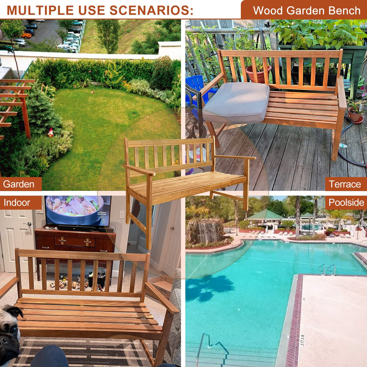 Acacia Wood Outdoor Bench - 705Lbs Capacity for Patio, Porch, and Garden BSTOPHKL