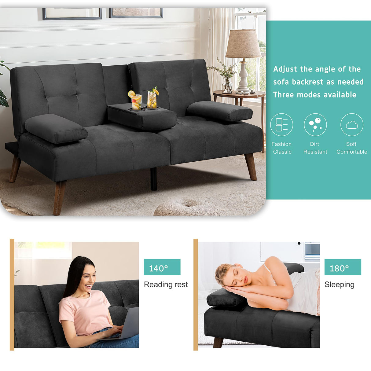 Meilocar Futon Sofa Bed Velvet, 60" Loveseat Futon Sofa Bed with Removable Armrests, Adjustable Recliner Guest Bed Daybed Sofa for Small Space with Cup Holders, 3 Angles, Black Meilocar