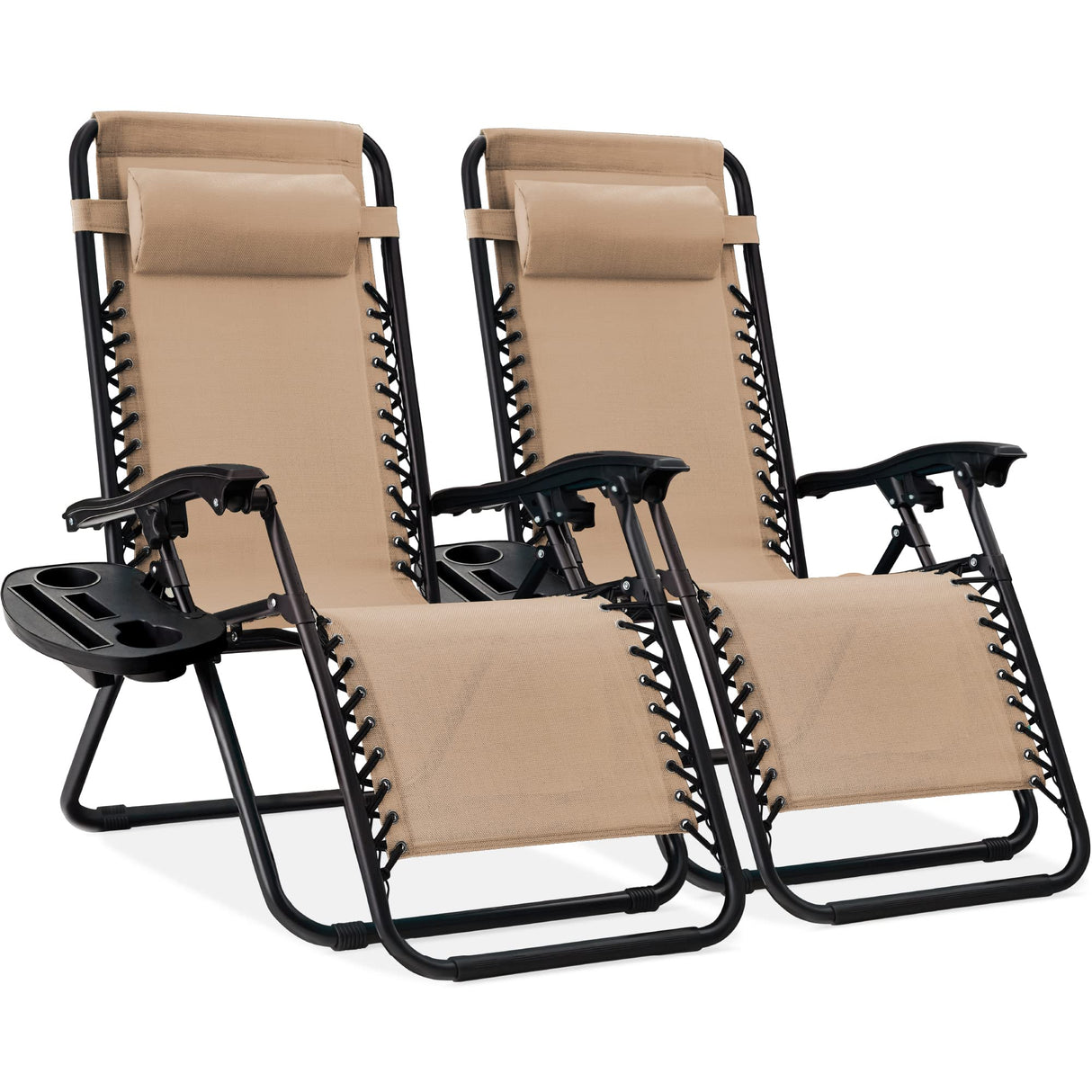 Best Choice Products Set of 2 Adjustable Steel Mesh Zero Gravity Lounge Chair Recliners w/Pillows and Cup Holder Trays - Sand Best Choice Products