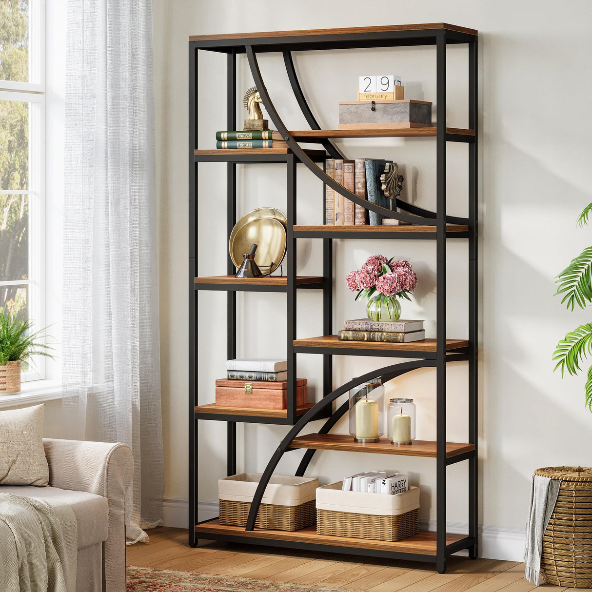 Tribesigns 70.87'' Tall Bookshelf, 9-Tier Industrial Etagere Bookcase, Large Geometric Bookshelves with Open Shelf, Wood & Metal Freestanding Display Shelf for Living Room, Brown & Black Tribesigns