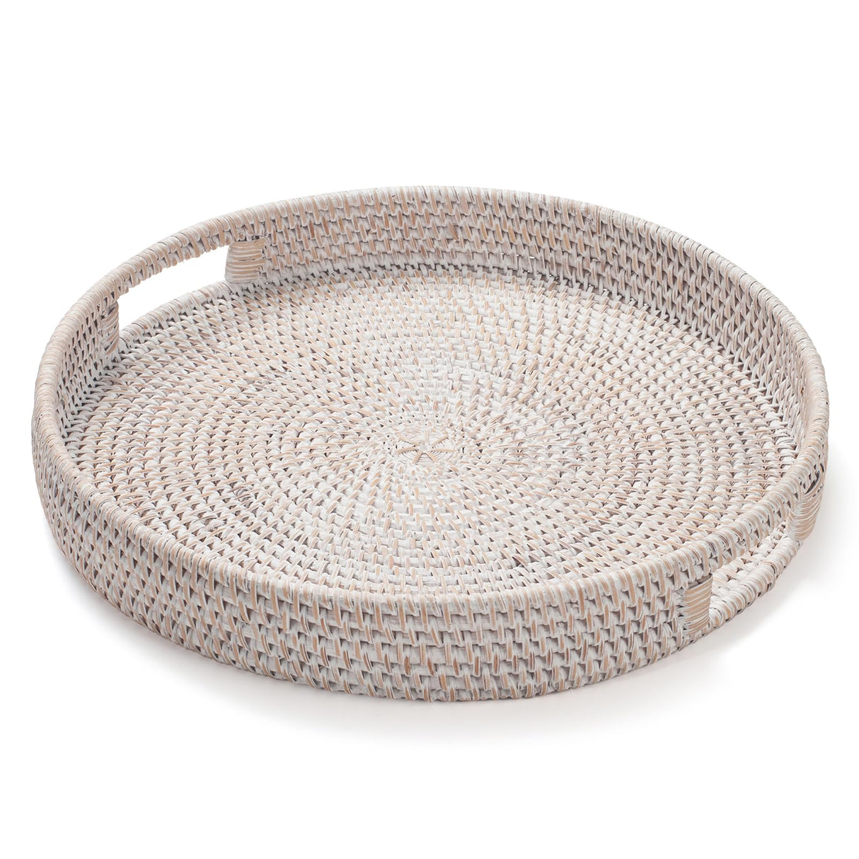 13.8 inch Round Rattan Tray, Decorative Coffee Table Tray, Ottoman Tray, Woven Serving Tray with Handles, Wicker Serving Basket, Whitewash YANGQIHOME