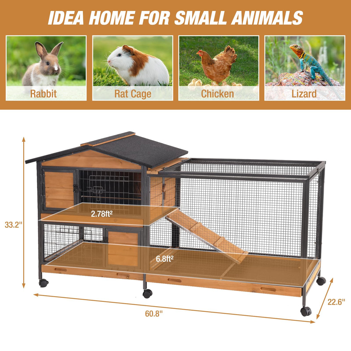 Rabbit Hutch Bunny Cage Strong Iron Frame Rabbit Cage Indoor and Outdoor Chicken Coop with Casters Waterproof Roof, Great for Rabbit,Bunny,Guinea Pig,Chickens. GUTINNEEN