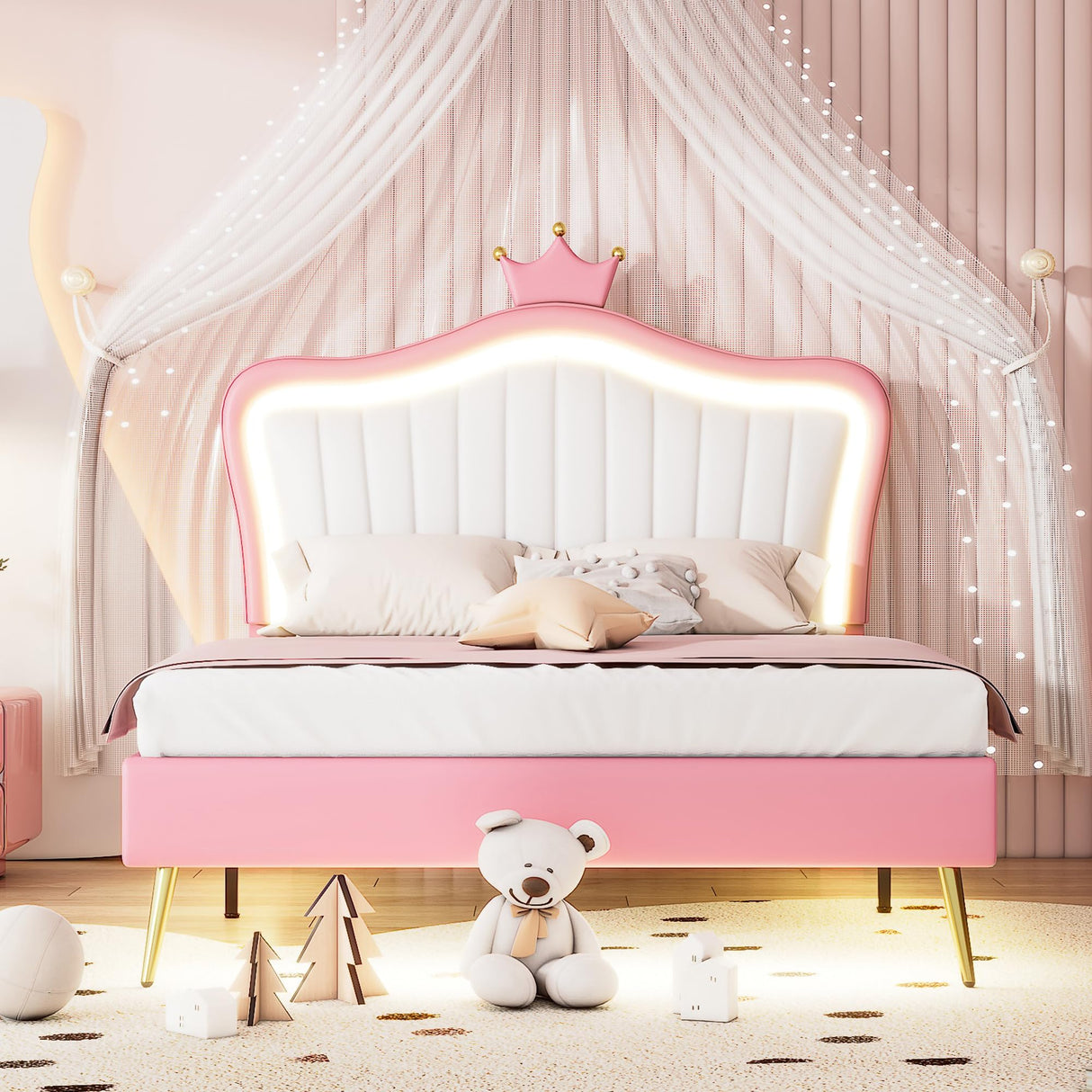 Linique Full Size Upholstered Bed Frame with LED Lights, Modern Upholstered Princess Bed with Crown Headboard, White+Pink Linique