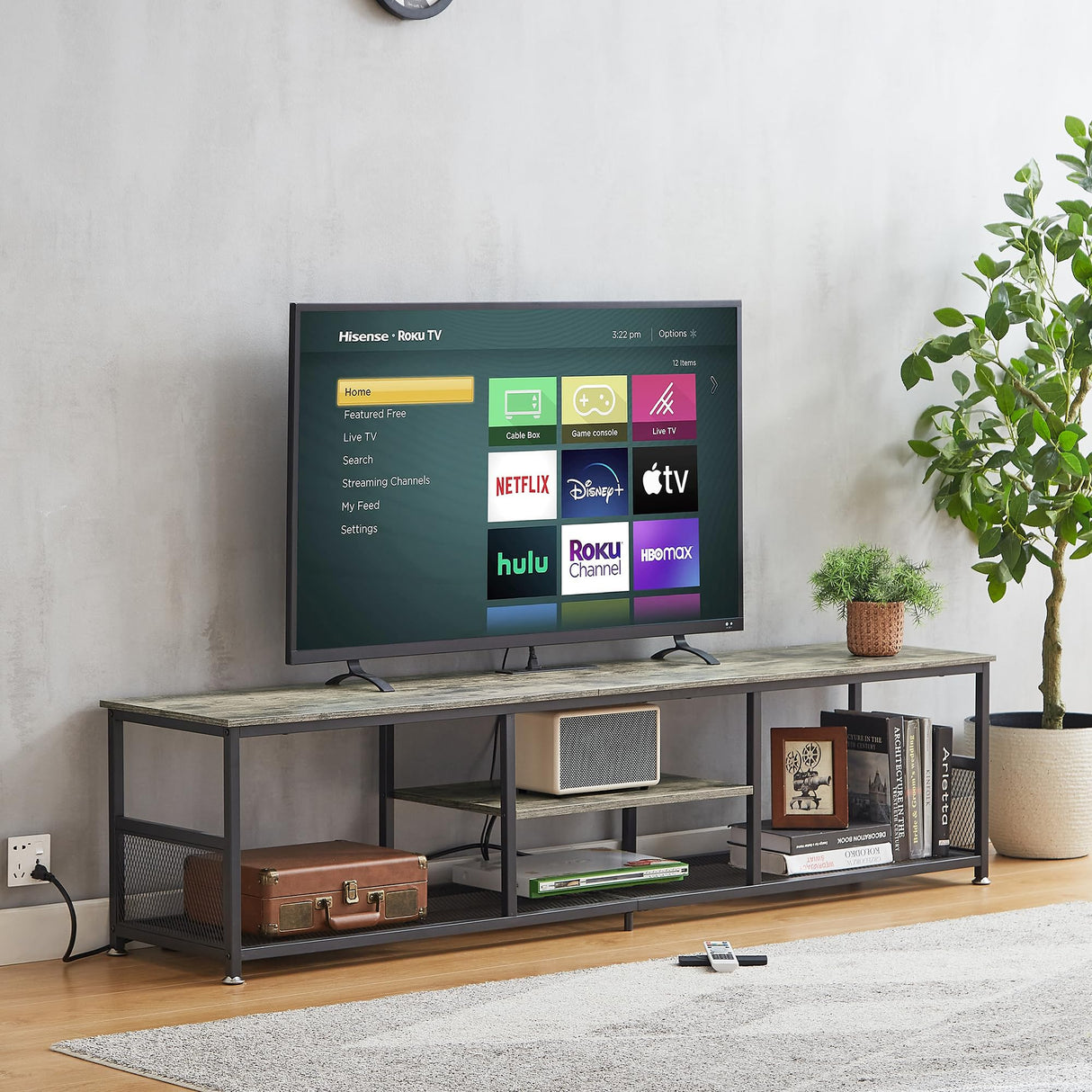 VECELO TV Stand with Power Outlets for Televisions up to 80Inch, 70" Media Entertainment Center with Charging Station 3-Tier Open Storage Shelves with Metal Frame for Living Room/Bedroom,Grey VECELO