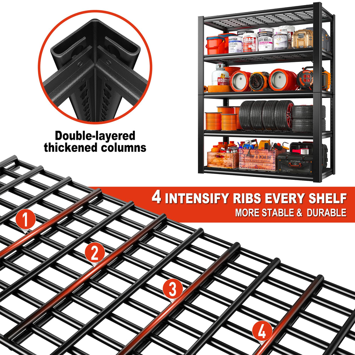 REIBII Garage Shelving Heavy Duty Loads 2500LBS 40" W Garage Storage Shelves Heavy Duty Shelving 72"H Adjustable Metal Shelving for Storage Rack 5 Tier Industrial Utility Shelf, 40"Wx18"Dx72"H, Black REIBII