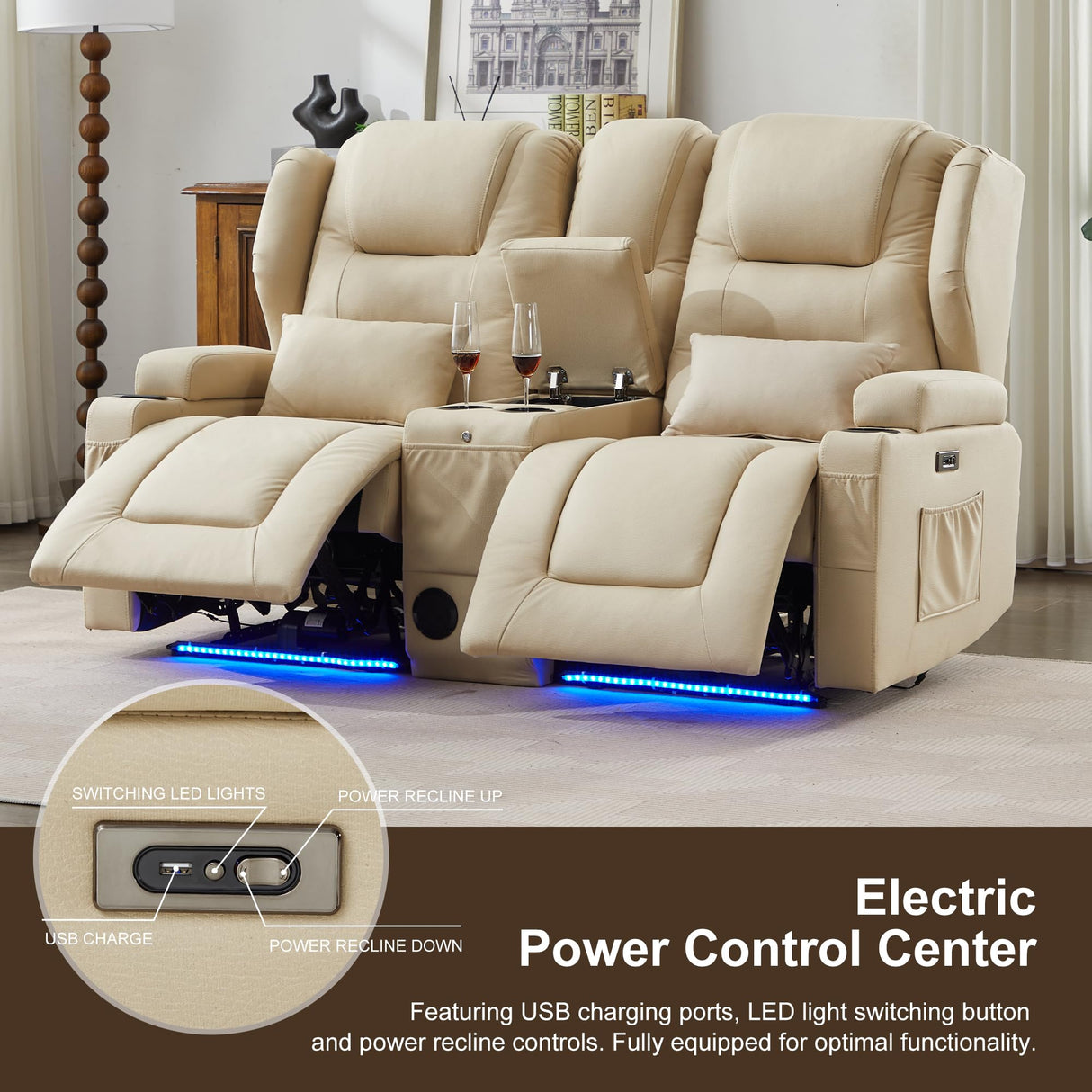 DRMBOOK RV Power Loveseat Recliner Sofa, Leathaire Fabric Wall Hugger Reclining Sofa with Console, Home Theater Seating Chair with Cup Holders, 2 Person Couch RV Furniture for Living Room, Beige DRMBOOK
