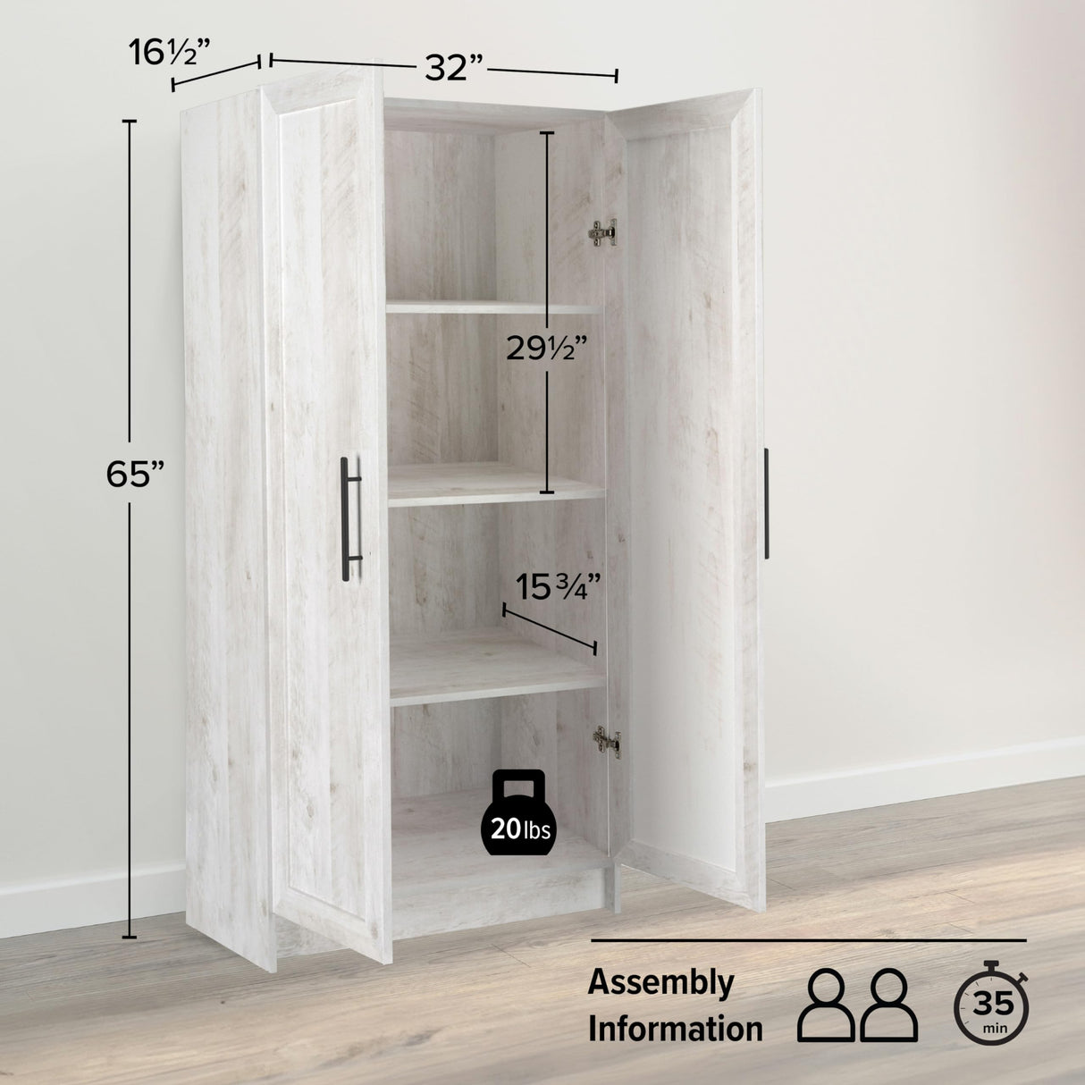 Prepac Elite Rustic White Storage Cabinet with Shaker Doors and Adjustable Shelves Prepac