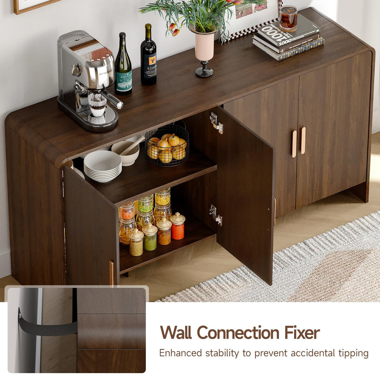 ONBRILL 60" Sideboard Buffet Cabinet with Storage, Curved Design Farmhouse Coffee Bar Cabinet with 4 Doors & Adjustable Shelves for Living Room, Kitchen, Hallway, Walnut ONBRILL