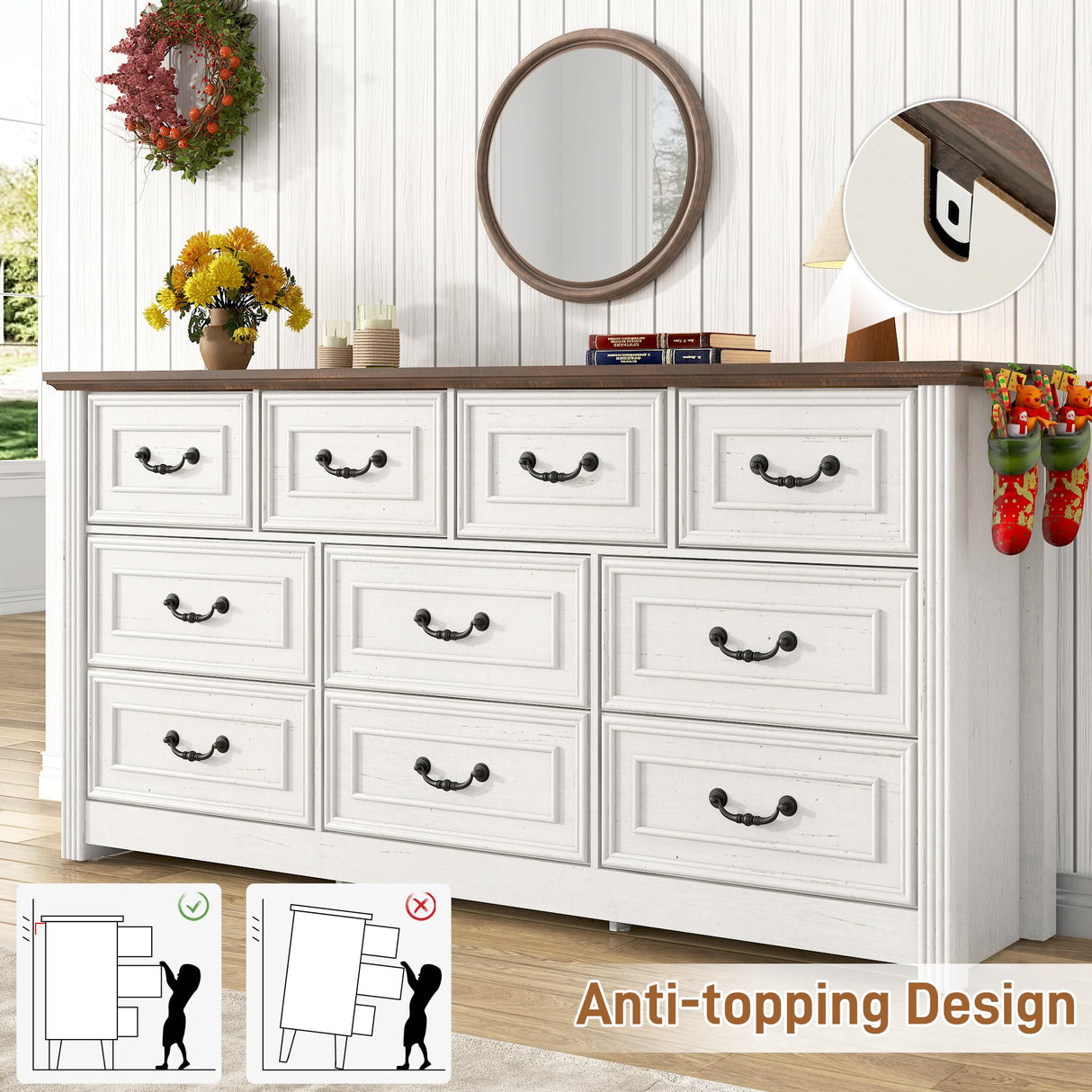 chartustriable Farmhouse 10 Drawer Dresser for Bedroom, 63” Wood Chest of Drawers with Rustic Handles, Wide Closet Dressers Organizer, Living Room, Hallway, Bedroom Furniture, Antique White chartustriable