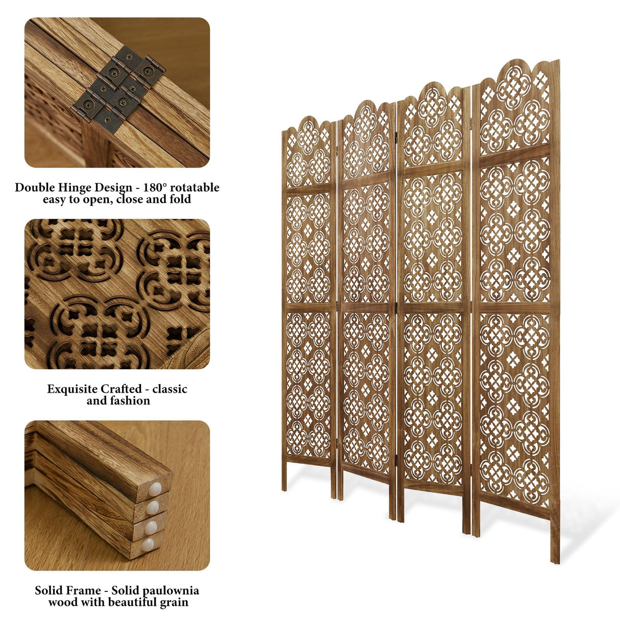 Svimi 5.75Ft Room Divider Wood Carved Wall Divider Indoor Folding Portable Partition Screen for Home Office Garden Terrace - 4 Panel (Antique Brown) Svimi