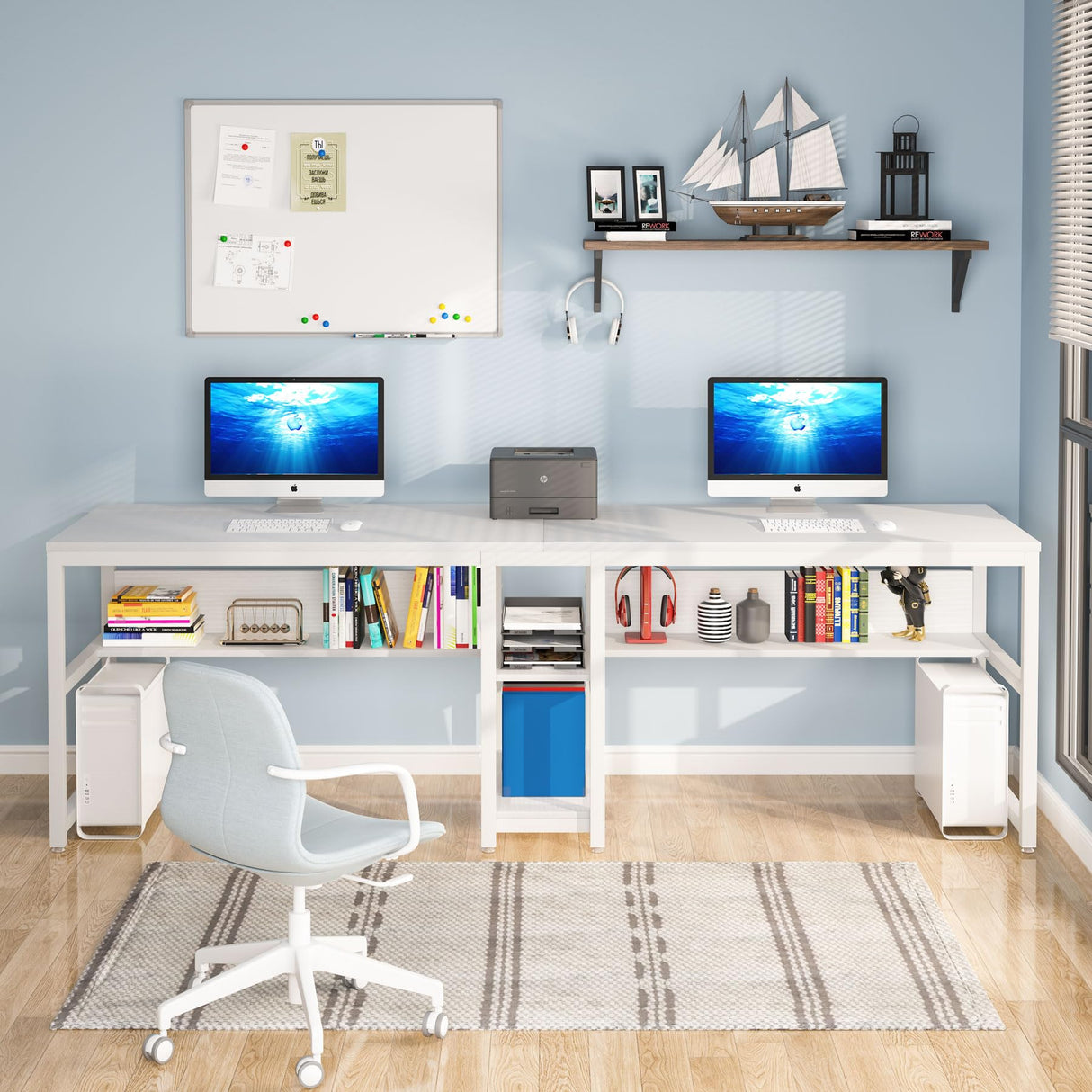 Tribesigns 78-Inch Rustic Double Desk with Bookshelf for Two-Person Workstation in White Tribesigns